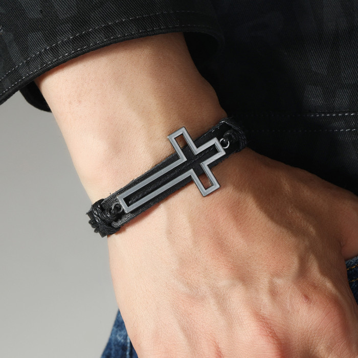 New Style Accessories Simple Handmade Woven Vintage Leather Bracelet Creative Alloy Cross Men's Bracelet