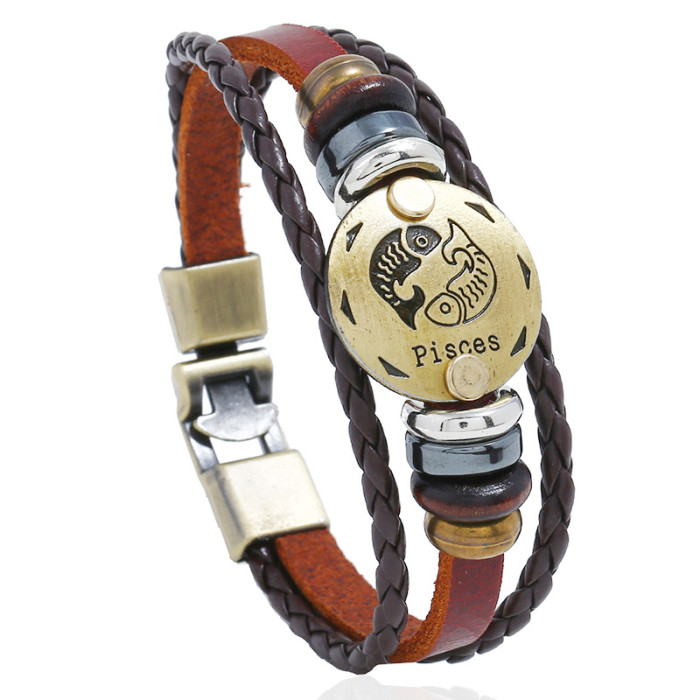 Punk New 12 Zodiac Leather Bracelet Style Handmade Woven Beaded Vintage Leather Bracelet