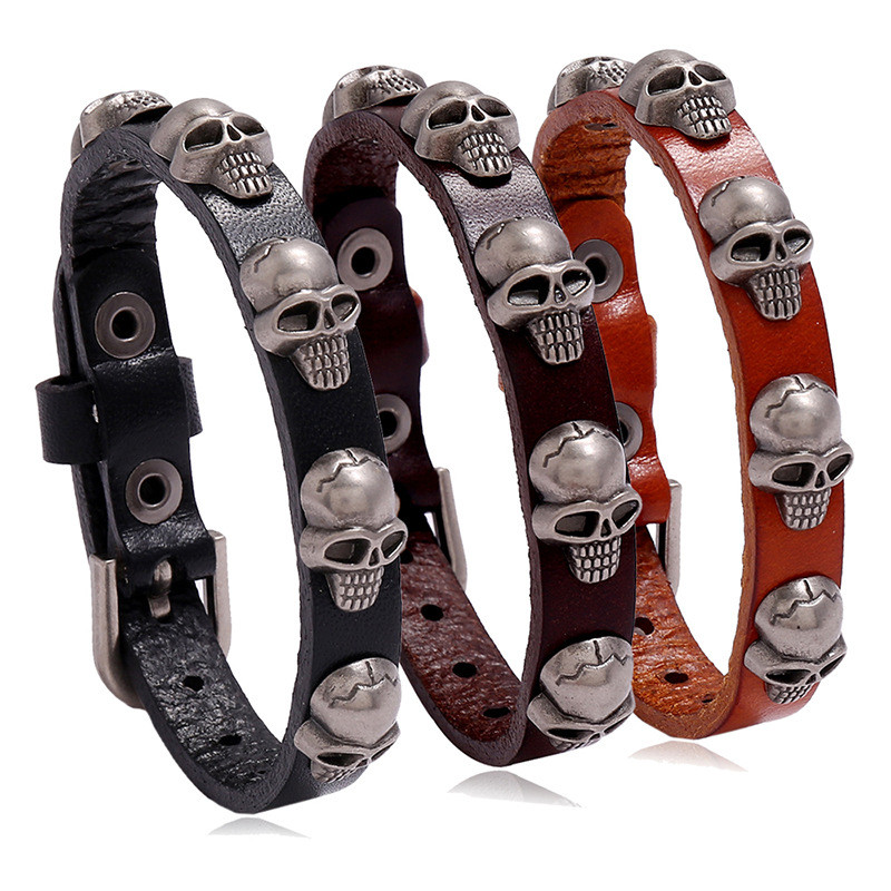 Cross-Border Hot-Selling Accessories European and American New Punk Style Skull Leather Bracelet Personality Trendy Unisex Student Jewelry