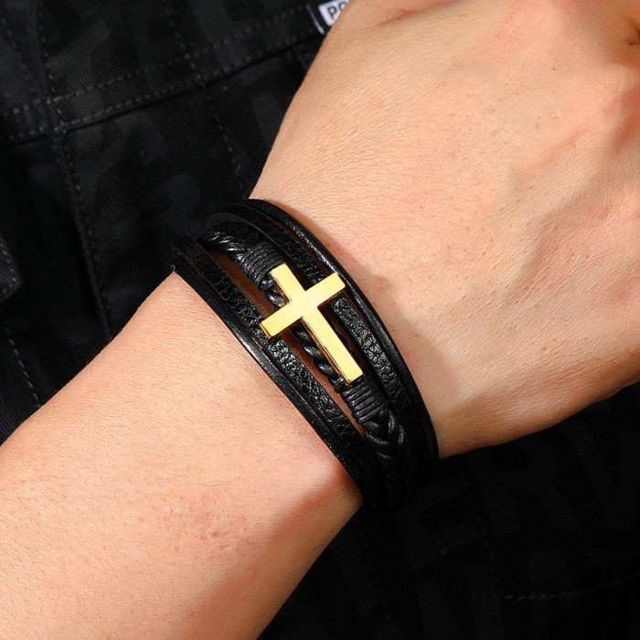 Amazon Hot-Selling New Cross Leather Bracelet for Men Multi-Layer Hand-Woven Rope Magnetic Clasp PU Bracelet