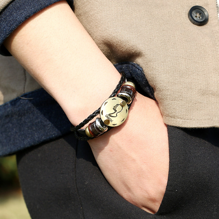 Hot-Selling Jewelry Twelve Zodiac Leather Bracelet Simple Multi-Layer Retro Woven Couple Genuine Leather Bracelet Bangle