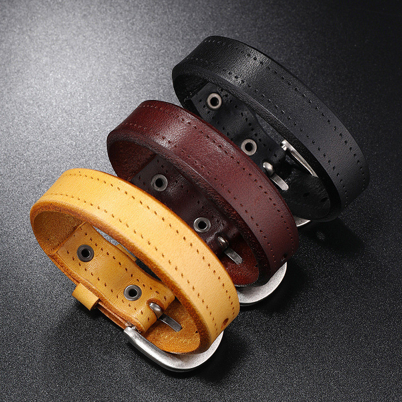 European and American Punk Rock Men's Leather Bracelet Simple Smooth Retro Cowhide Bracelet New Cross-Border Accessories