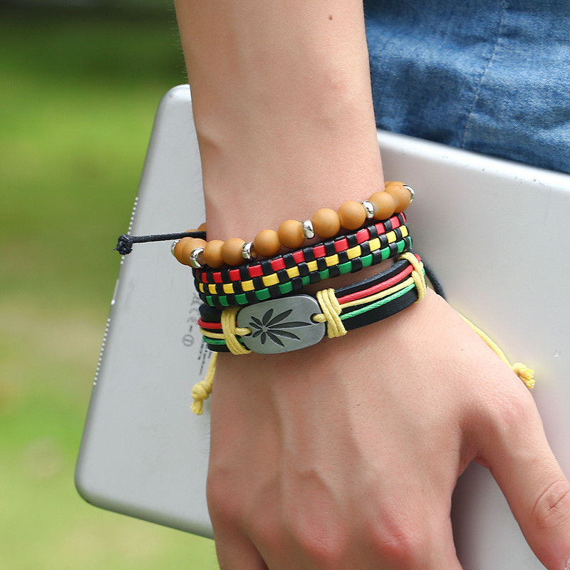 Jamaican Set Red Yellow Green Braided Leather Bracelet DIY Genuine Leather Accessories Hip Hop Street Dance