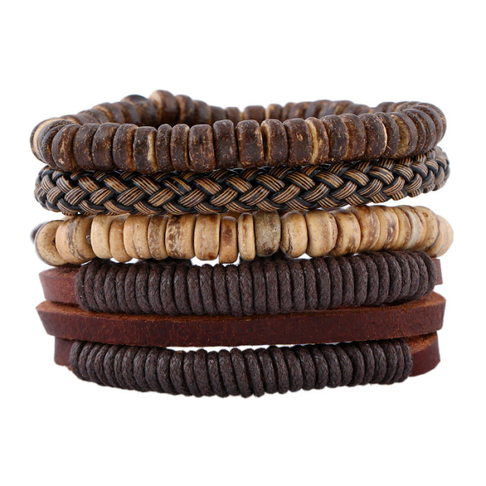Simple Retro Set Bracelet DIY Woven Cowhide Bracelet Coconut Shell Bracelet Men's Hemp Rope Leather Bracelet