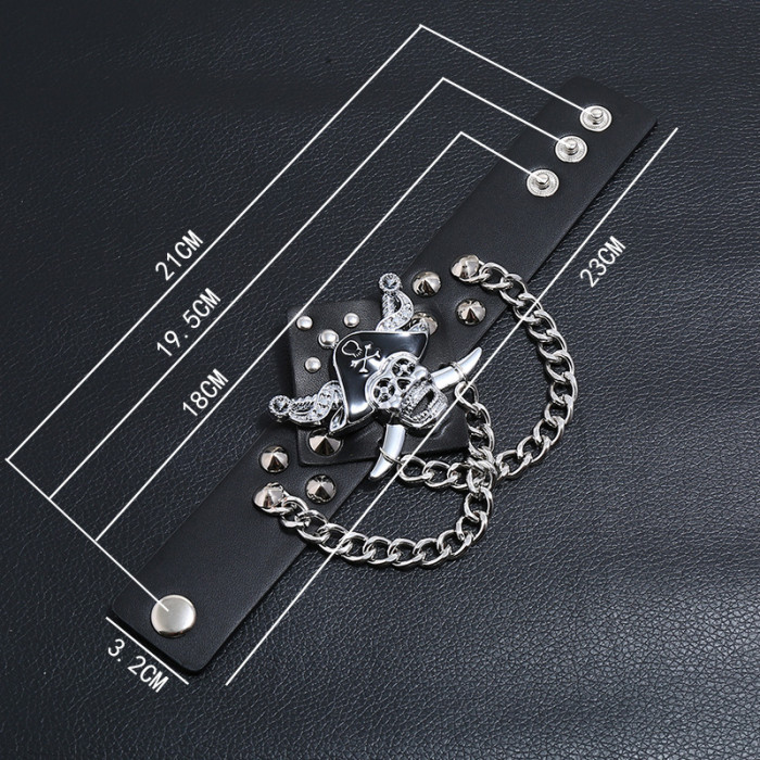 Style Exaggerated Punk Non-mainstream Skull Leather Bracelet Pirate Ghost Head Chain Wide Leather Bracelet Wristband,...