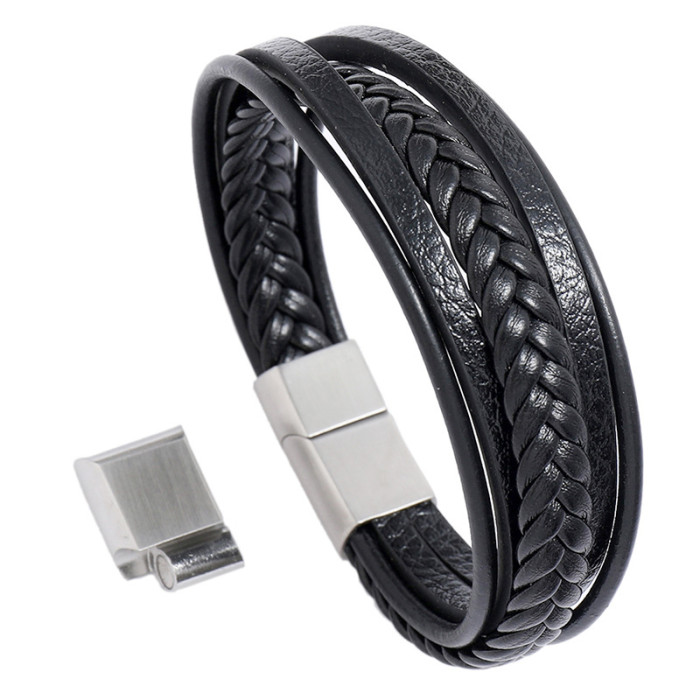 European and American Cross-Border Jewelry Stainless Steel Magnet Clasp Men's Leather Bracelet Creative Multi-Layer Simple Woven Leather Bracelet