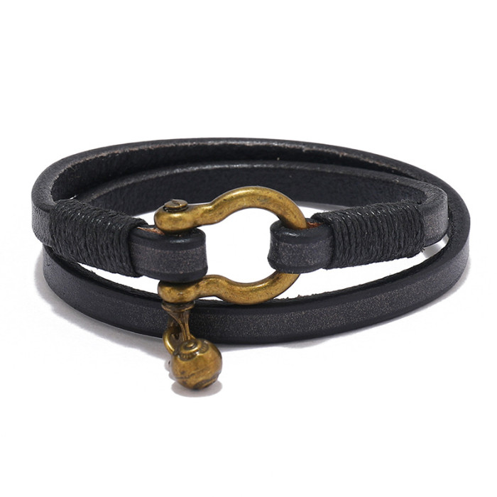 AliExpress Amazon Hot Selling Creative Retro Two-Circle Men's Leather Bracelet Simple Horseshoe Buckle Bracelet