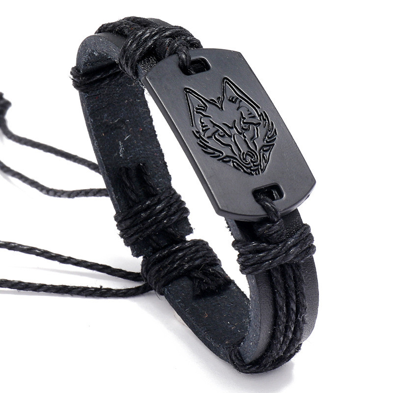 European and American Punk Style Men's Leather Bracelet Black Wolf Head Bracelet Multi-layer Braided Leather Rope Gift for Boyfriend