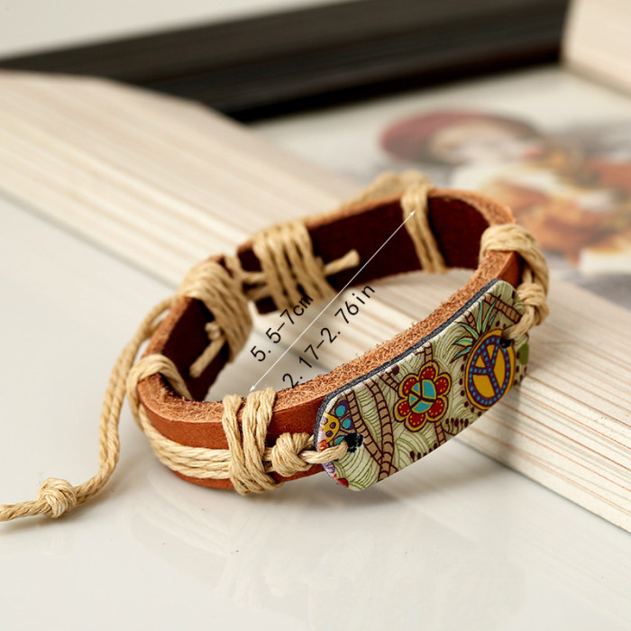 Trendy Accessories Hemp Rope Woven Leather Bracelet Vintage Style Heat Transfer Peace Sign Leather Bracelet One Piece...