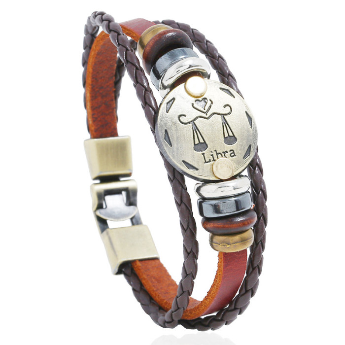 Punk New 12 Zodiac Leather Bracelet Style Handmade Woven Beaded Vintage Leather Bracelet