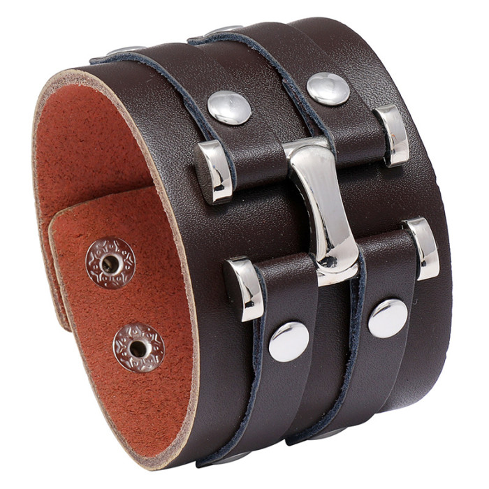 European and American New Style Jewelry Manufacturer Supply Punk Style Exaggerated Personality Cowhide Bracelet Trendy Wide Leather Men's Bracelet