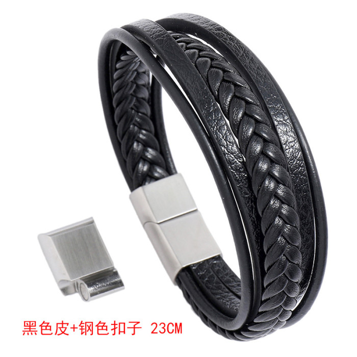 European and American Cross-Border Jewelry Stainless Steel Magnet Clasp Men's Leather Bracelet Creative Multi-Layer Simple Woven Leather Bracelet