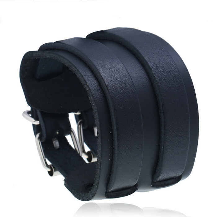 Punk Factory Direct Sale Retro Genuine Leather Bracelet European and American Wide Leather Double Buckle Unisex Bracelet Cross-Border Punk Cowhide Bracelet