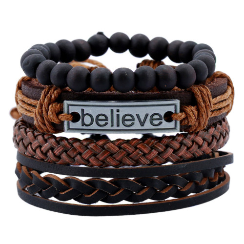 Cross-Border Hot-Selling Jewelry Believe Set Men's Cowhide Bracelet European and American Retro Woven DIY Leather Bracelet