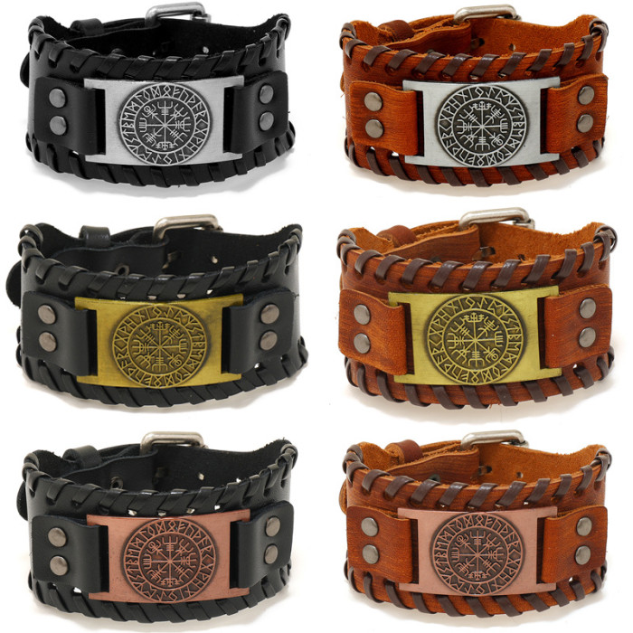 New Jewelry Nordic Viking Leather Bracelet Vintage Woven Compass Men's Leather Wristband