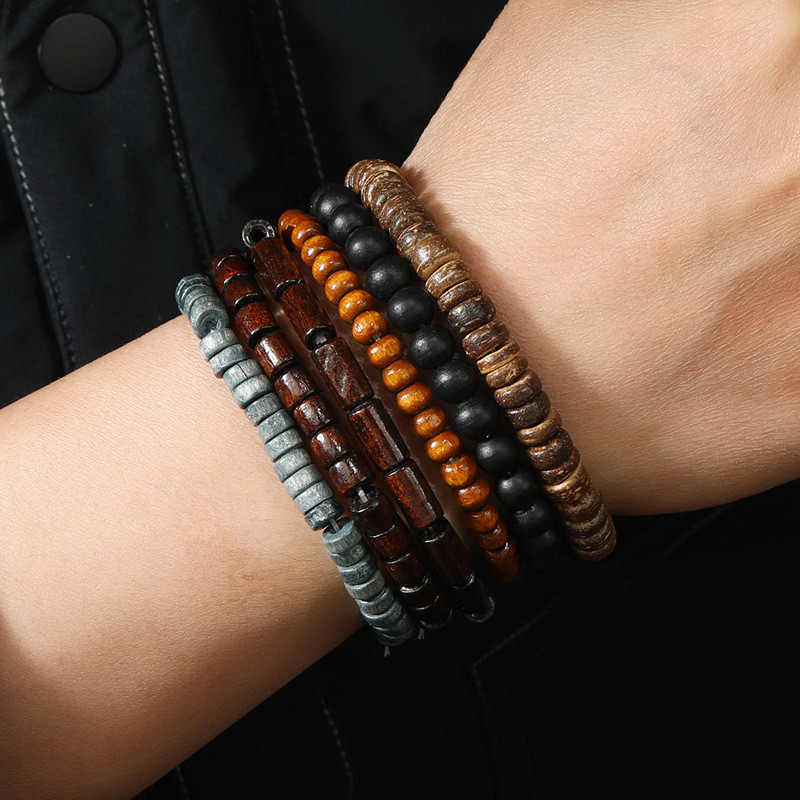 Cross-Border Hot-Selling New Handmade Beaded Bracelet DIY 6-Piece Set Vintage Elastic Cord Wooden Beads Coconut Shell Bracelet