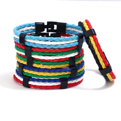 Factory Direct Supply National Flag Bracelet Multi-Country Commemorative Edition Fan Bracelet Woven PU Leather Flag Bracelet Cross-Border Supply