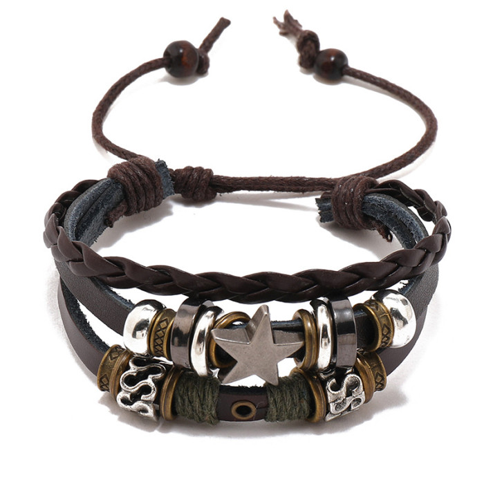 New Jewelry Personalized Beaded Pentagram Leather Bracelet Trendy Jewelry Simple Multi-Layer Bracelet