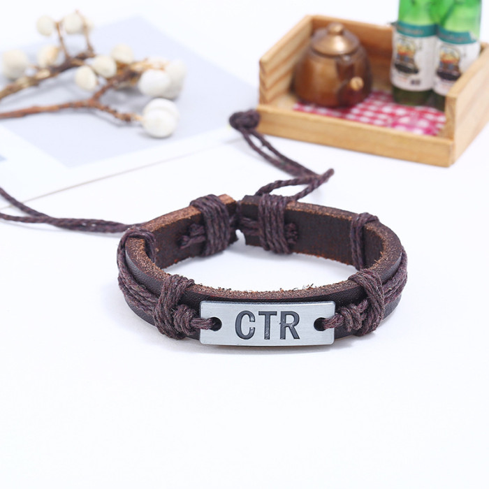 Factory Direct Sale Men's Retro Hemp Rope Woven Leather Bracelet Punk Style CTR Leather Bracelet Supply