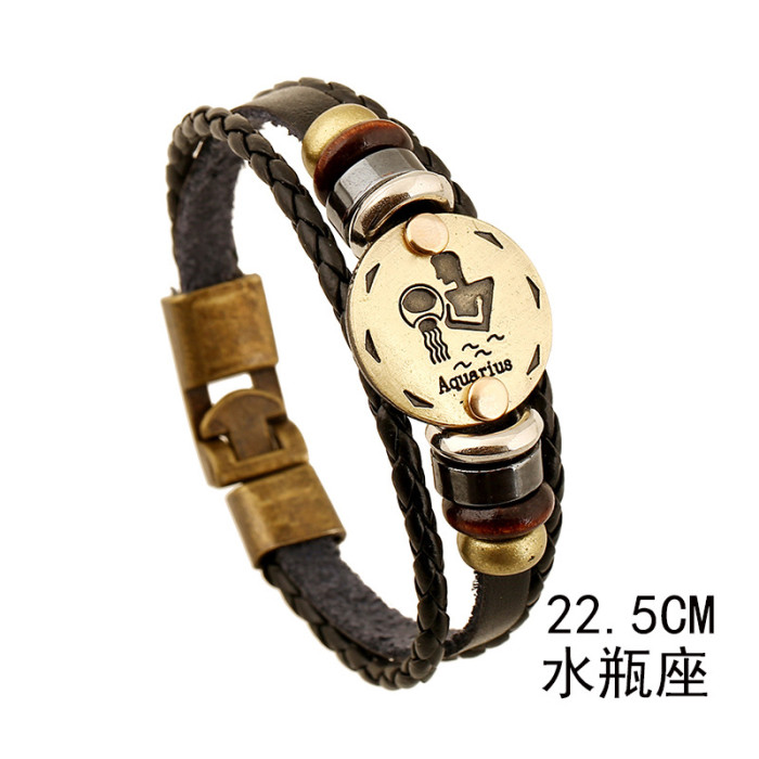 Hot-Selling Jewelry Twelve Zodiac Leather Bracelet Simple Multi-Layer Retro Woven Couple Genuine Leather Bracelet Bangle