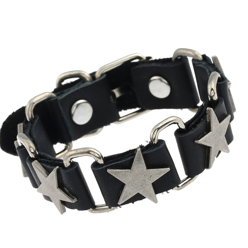 Cross-Border Accessories European and American Jewelry Wholesale Men's Bracelet Personality Five-Pointed Star Punk Leather Bracelet Wristband