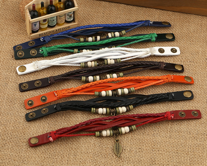 Punk New Style Woven Vintage Leaf Pendant Leather Bracelet Watch Strap Student Accessories Korean Version Personalize...
