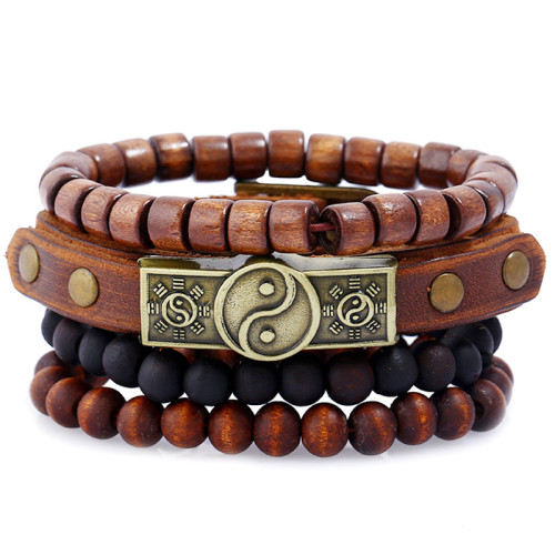 European and American Foreign Trade Jewelry Simple Retro Alloy Bagua Leather Bracelet Hand Rope Genuine Leather Bracelet Multi-layer Set Bracelet