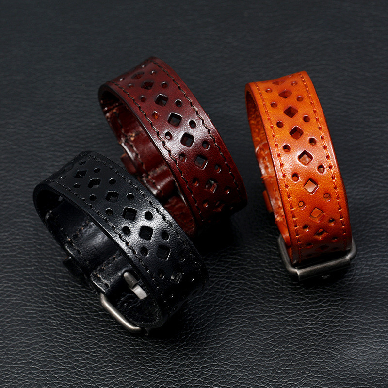 Cross-Border Hot-Selling Popular European and American New Style Cowhide Bracelet Vintage Hollow Men's Wide Leather Bracelet Personalized Cycling Accessories