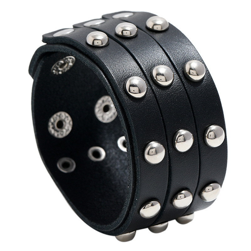 European and American New Punk Style Trendy Cowhide Bracelet Three Rows of Rivets Men's Wide Leather Bracelet Anime Peripheral Accessories