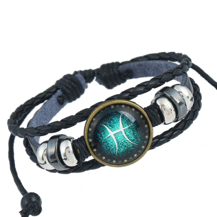 European and American Zodiac Bracelet Handmade Woven Beaded Vintage Cowhide Zodiac Bracelet Cross-Border Source Jewelry