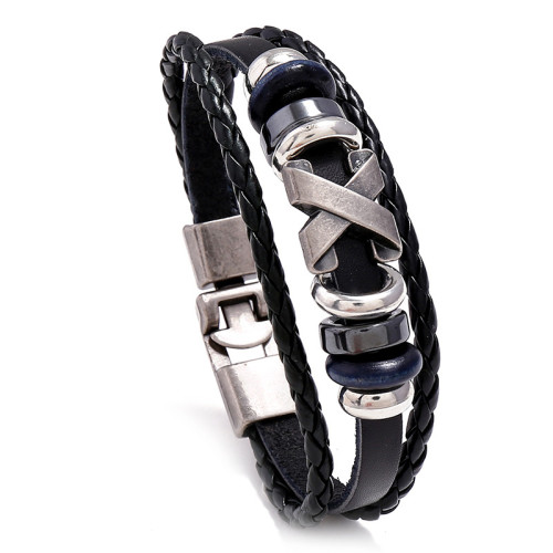 Cross-Border Jewelry Wholesale Simple Beaded Cowhide Bracelet Personality Versatile X-Stud Unisex Hand Accessories Trendy Leather Bracelet
