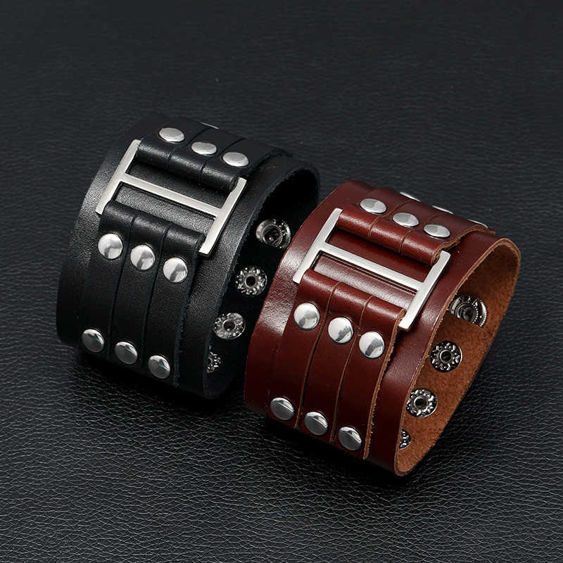 Cross-Border Hot-Selling Accessories Retro Multi-Layer Rivet Cowhide Bracelet Personality European and American Punk Style Men's Wide Leather Bracelet