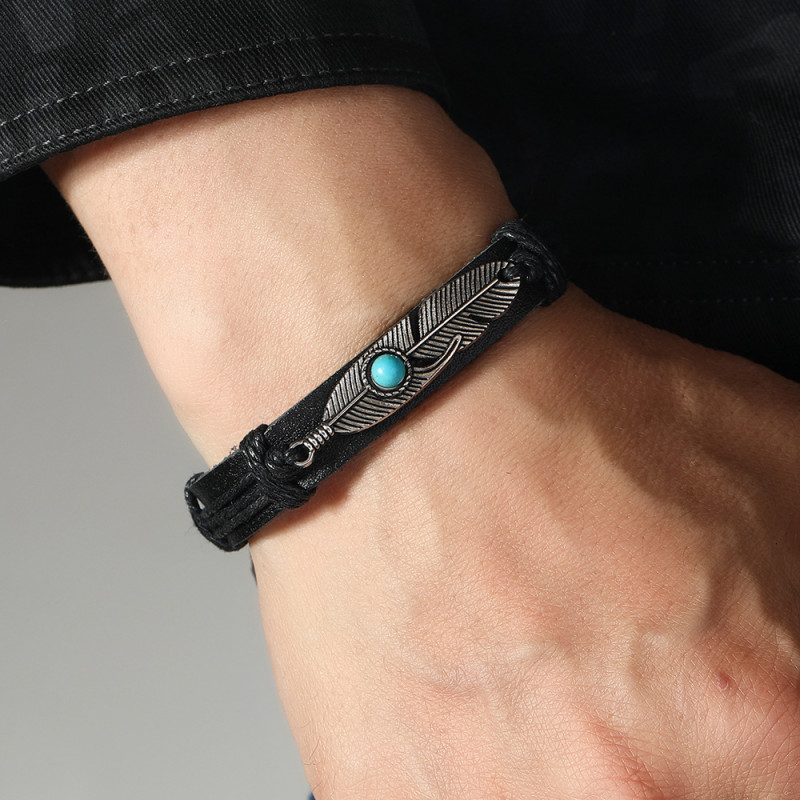 Amazon Hot Sale Simple Fashion Handmade Woven Leather Bracelet Vintage Alloy Feather Couple PU Bracelet