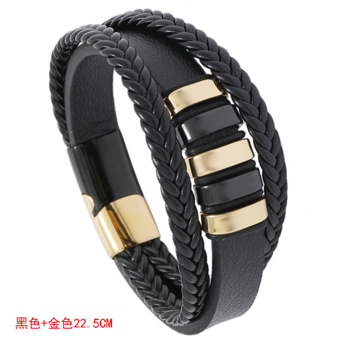 New European and American Style Hot Selling Personality Versatile Men's Leather Bracelet Stainless Steel Braided Punk PU Wristband Cross-Border Jewelry