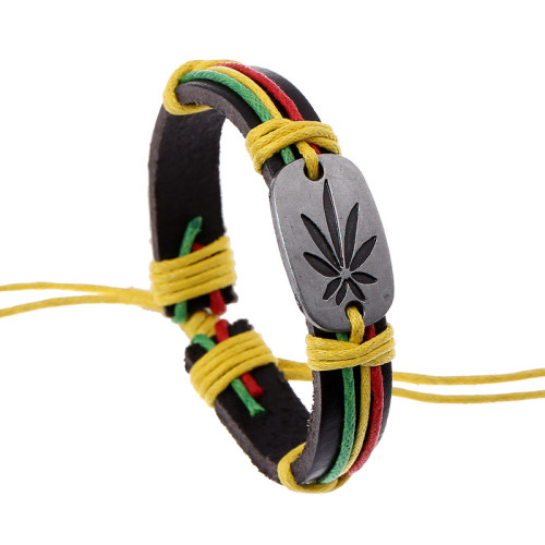 Cross-Border New Jamaica Red Yellow Green Big Leaf Cowhide Bracelet Hip Hop Street Dance Leather Accessories