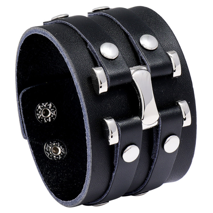 European and American New Style Jewelry Manufacturer Supply Punk Style Exaggerated Personality Cowhide Bracelet Trendy Wide Leather Men's Bracelet