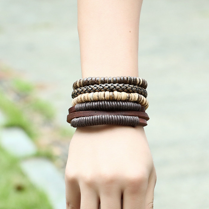 Simple Retro Set Bracelet DIY Woven Cowhide Bracelet Coconut Shell Bracelet Men's Hemp Rope Leather Bracelet