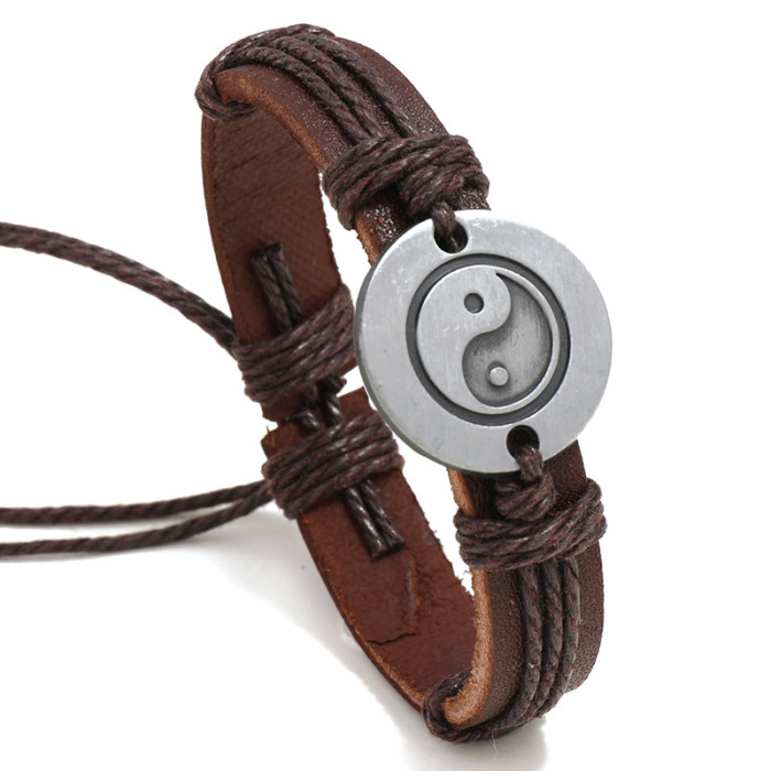Cross-Border New Jewelry Simple Hand-Woven Bagua Cowhide Bracelet Vintage Alloy Yin Yang Tai Chi Bracelet Jewelry