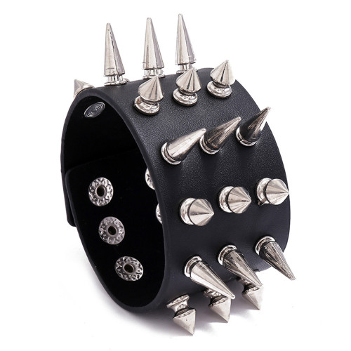 European and American Cross-Border Jewelry New Three-Row Spike Exaggerated Punk Wide Leather Bracelet Personality Bar Street Dance Accessories