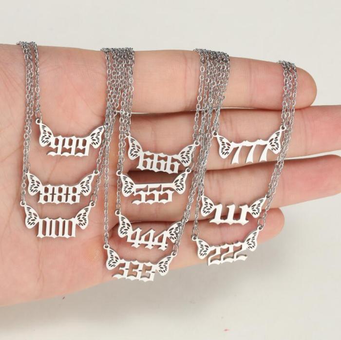 Jewelry Stainless Steel Women's Niche Light Luxury Angel Number Pendant Necklace 000-999 Butterfly Wings