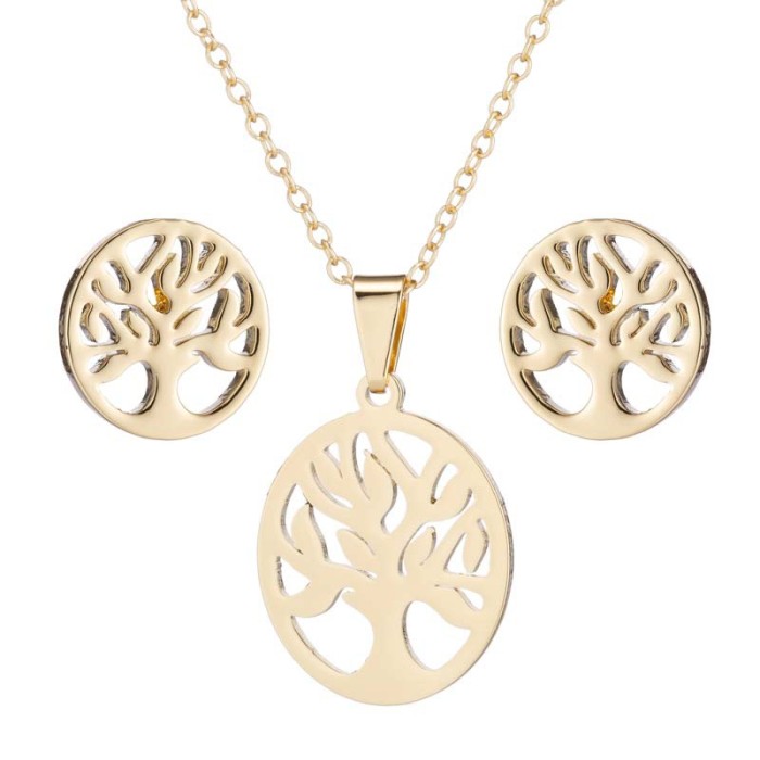 Spring and Summer New Women's European and American Style Plant Set Tree of Life Necklace Earrings Cactus Three-Piece Set In Stock Wholesale