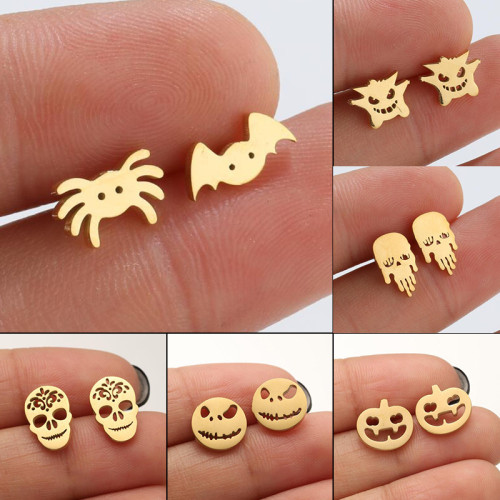New European and American Style Stainless Steel Mini Quirky Pumpkin Skull Bat Spider Earrings for Christmas and Halloween Wholesale