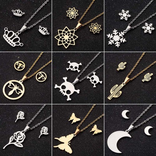 Summer New Cross-Border Crown Snowflake Cactus Skull Moon Flower Butterfly Dragonfly Geometric Earrings Necklace