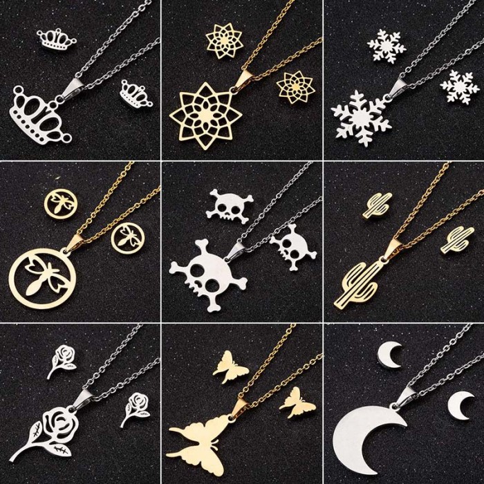 Summer New Cross-Border Crown Snowflake Cactus Skull Moon Flower Butterfly Dragonfly Geometric Earrings Necklace