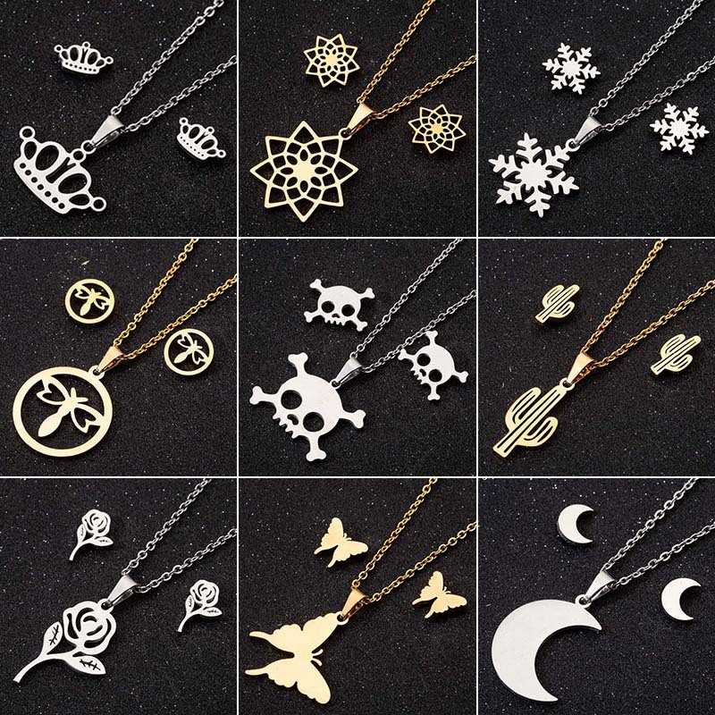 Summer New Cross-Border Crown Snowflake Cactus Skull Moon Flower Butterfly Dragonfly Geometric Earrings Necklace