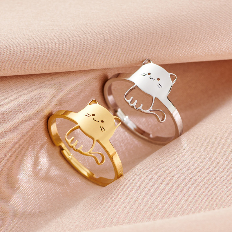 Japanese Style Fashion Personality Adjustable Open Ring Stainless Steel Cute Cat Women's Jewelry Cross-Border In Stock Wholesale
