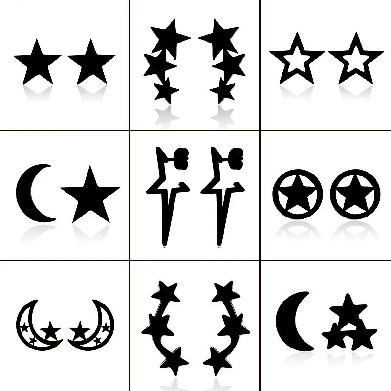 Cross-Border New Black Series Stainless Steel Simple Star Moon Earrings Girl Personality Star Moon Earrings Accessories Wholesale