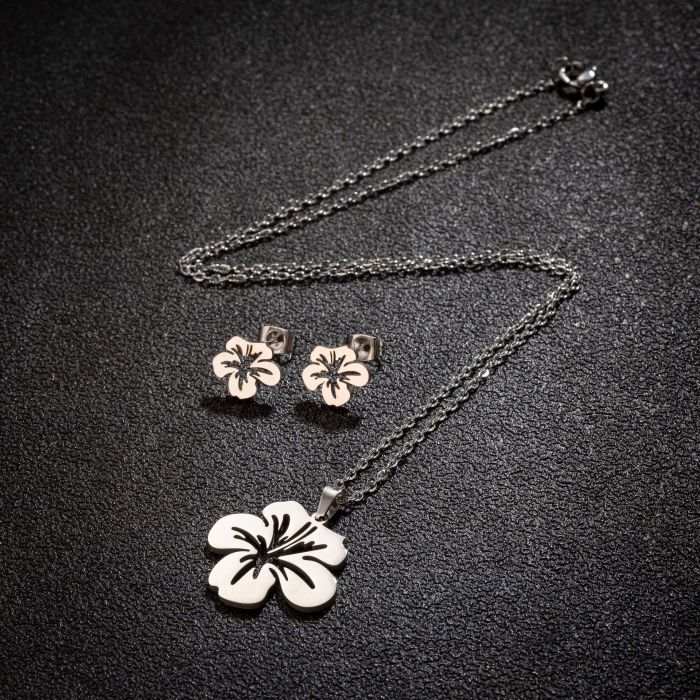 Cross-Border Simple New Korean Style Short Necklace Stainless Steel Floral Earrings Women's Fashion Accessories Set Wholesale