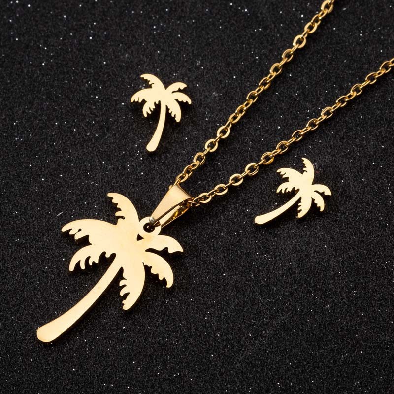 Cross-Border New Bohemian Style Coconut Tree Jewelry Set Leaf Earrings Necklace Three-Piece Set Wholesale