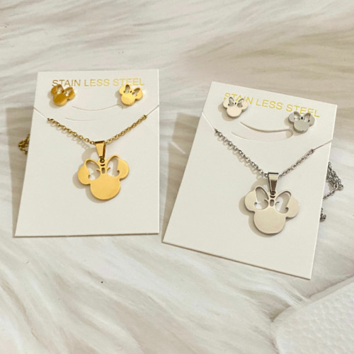 Korean Version Cute Mickey Mouse Earrings for Women, Personalized Fashion Stainless Steel Pendant Clavicle Chain Fresh Jewelry Set